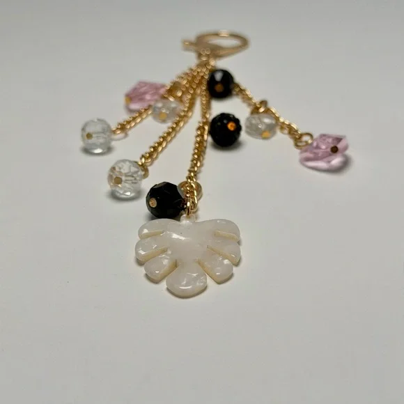 Gold Leaf Heart Beaded Key Chain Pink Black Acrylic Accent for Women - Picture 4 of 8